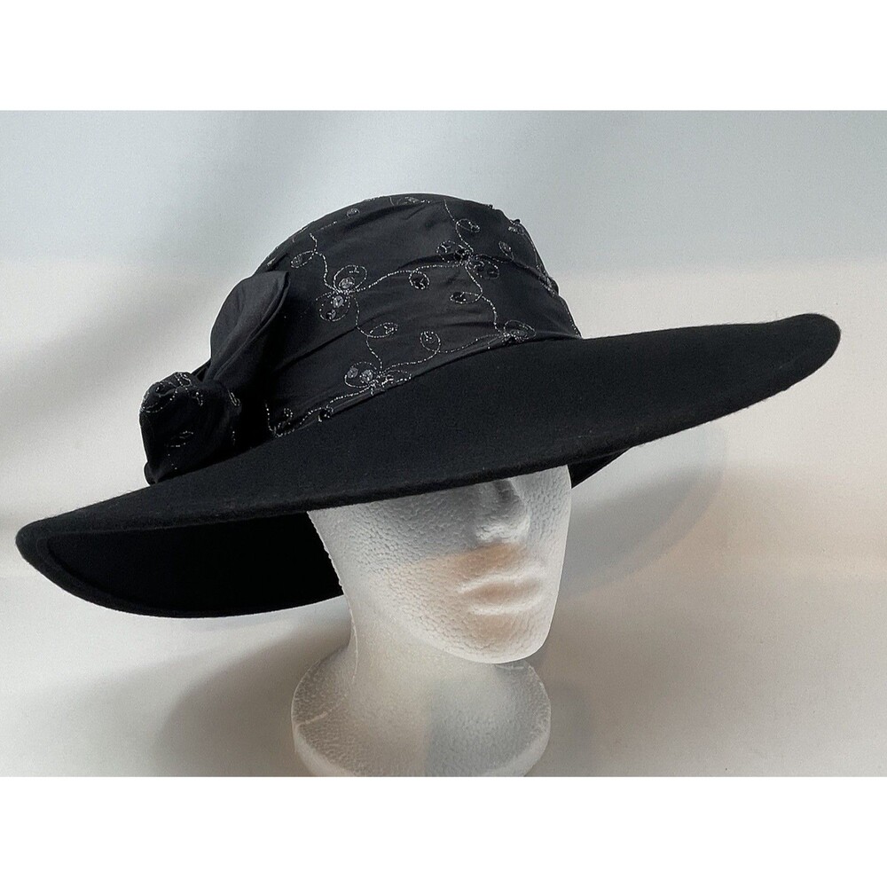VTG Miss Bierner Wool Wide Brim Hat Black Sequin Ruched Satin Crown Floral Bow
